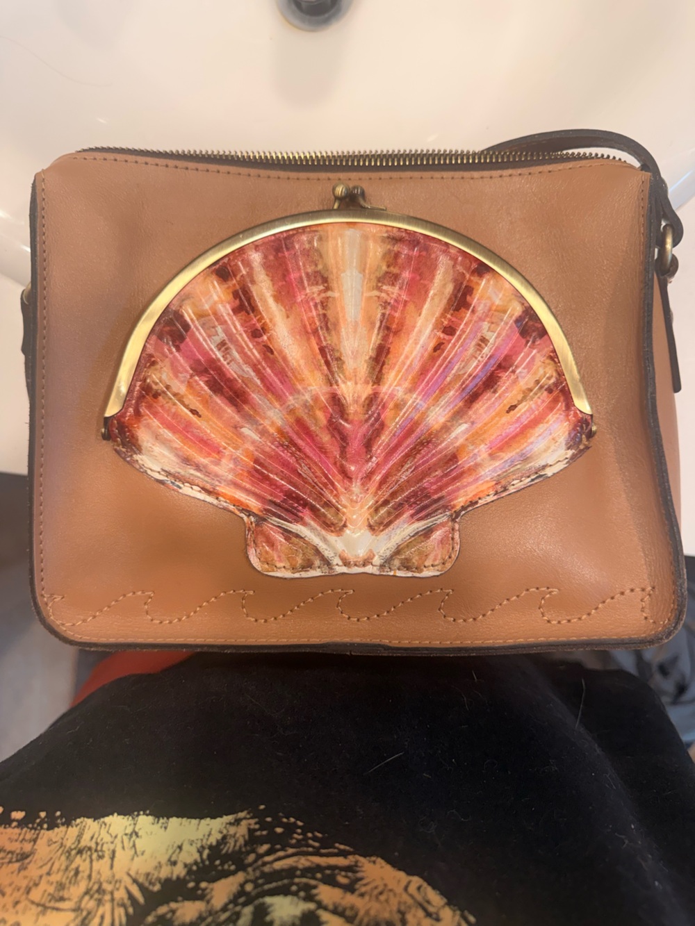 Patricia Nash Brown Crossbody with Pink Shell Accent